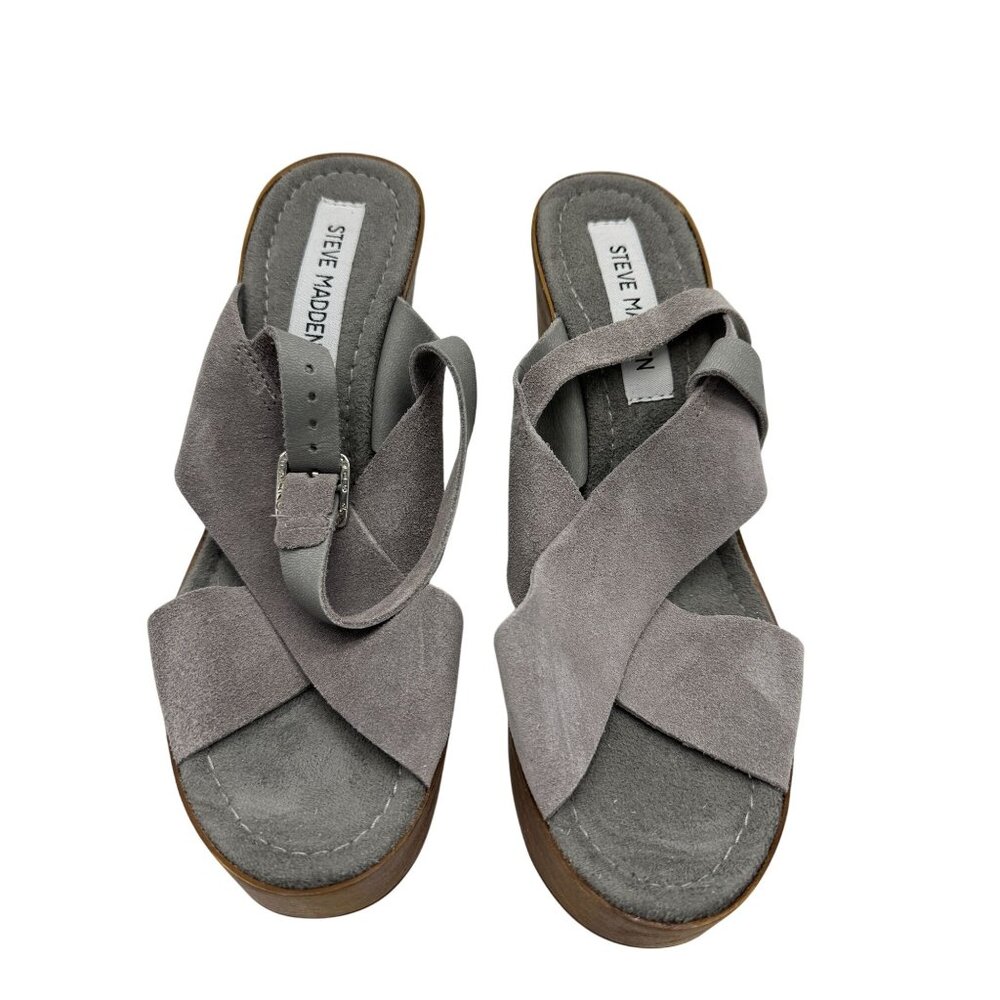 Steve Madden Womens Suede Platform Wedge Sandals Size 8 Grey Crisscross Strap